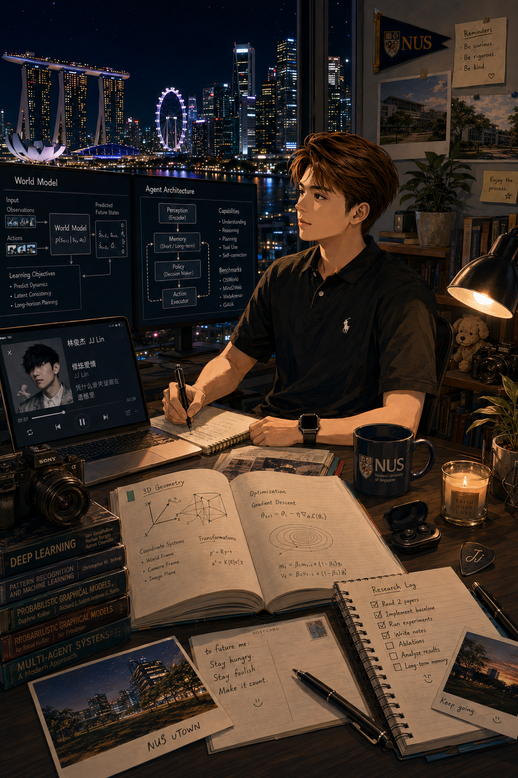 An AI-drawn portrait of me, surrounded by research notes and music in Singapore